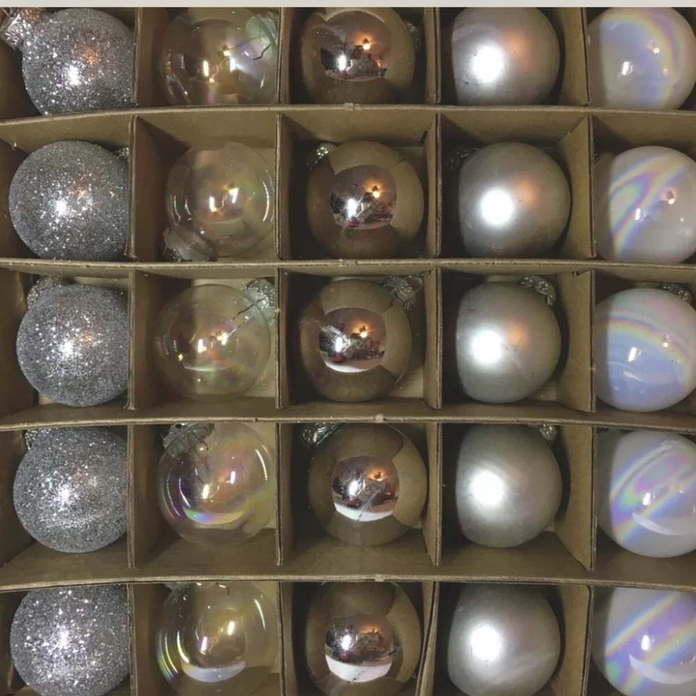 25 Mini Glass Christmas Ball Ornaments Silver Shiny Glitter Matte Opalescent